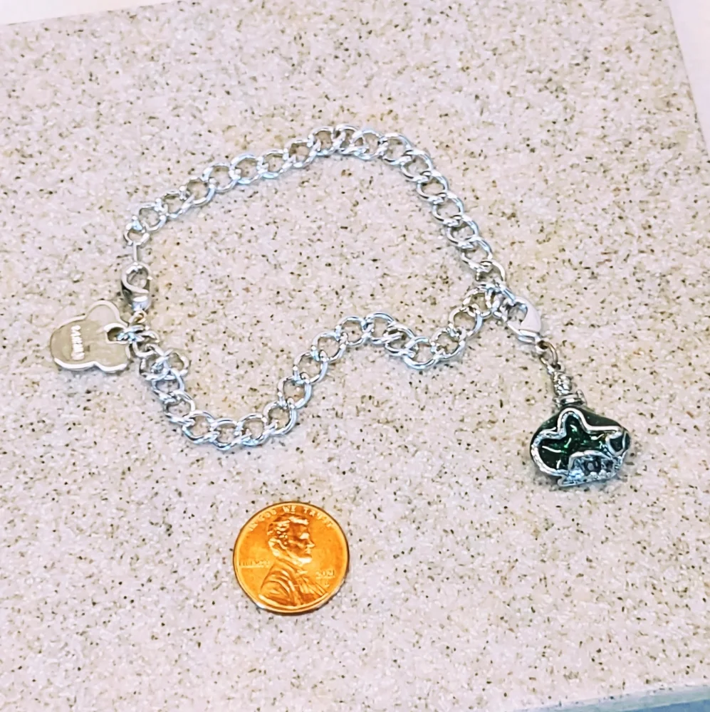 DISNEY GREEN ENAMEL ROSE AND CZ MICKEY CHARM BRACELET - Picture 4 of 8
